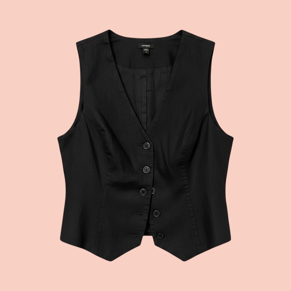 Express Black Linen Vest Womens Small V-Neck Button Front Tailored  NEW‎